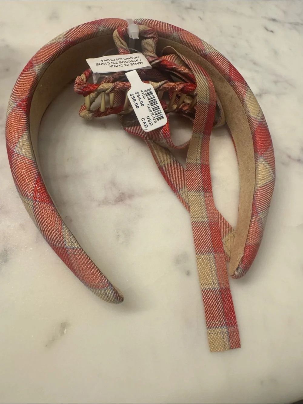 NWT Anthropologie Plaid Headband & Bow Hair Clip in Red